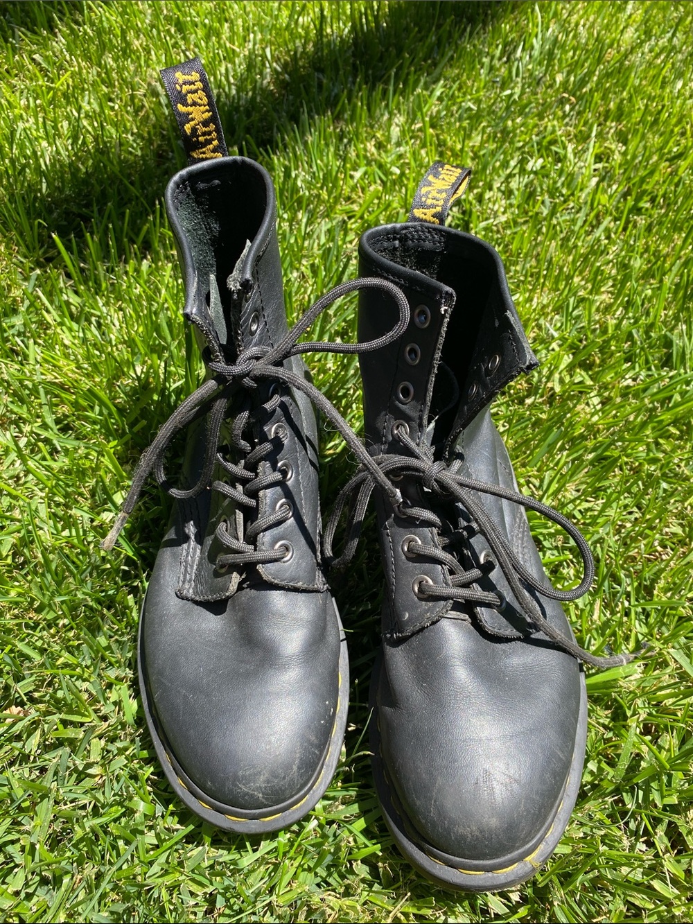 Dr. Martens Black Leather Lace-Up Combat Boots with Yellow Pull Tabs